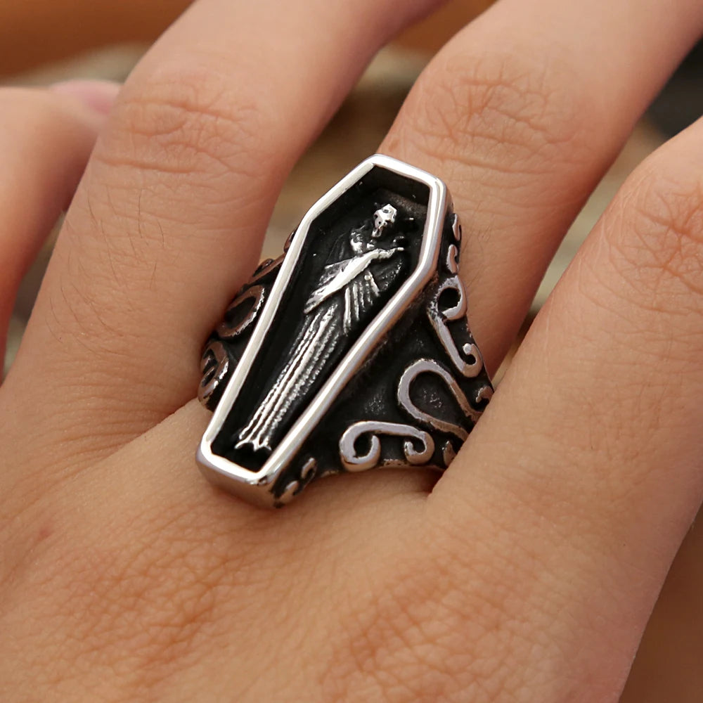 Anillo de calavera de vampiro único retro para hombre, gótico, de acero inoxidable, creativo, ataúd, amuleto de motocicleta, joyería, regalo al por mayor
