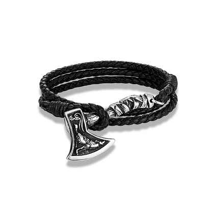 Pulsera de acero inoxidable con hacha vikinga para hombre, amuleto de lobo de cuero, hecha a mano, para hombre y mujer, joyería de moda para motociclistas al aire libre, regalo
