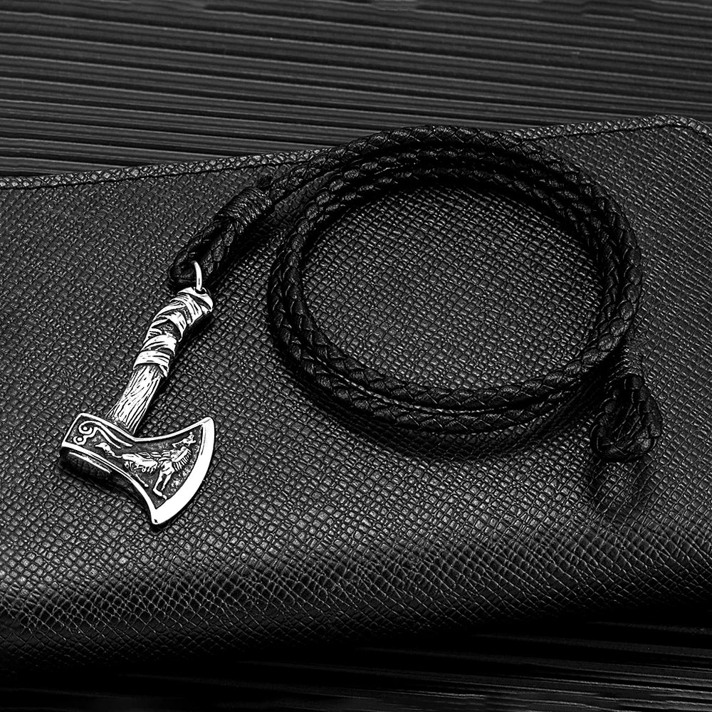 Pulsera de acero inoxidable con hacha vikinga para hombre, amuleto de lobo de cuero, hecha a mano, para hombre y mujer, joyería de moda para motociclistas al aire libre, regalo
