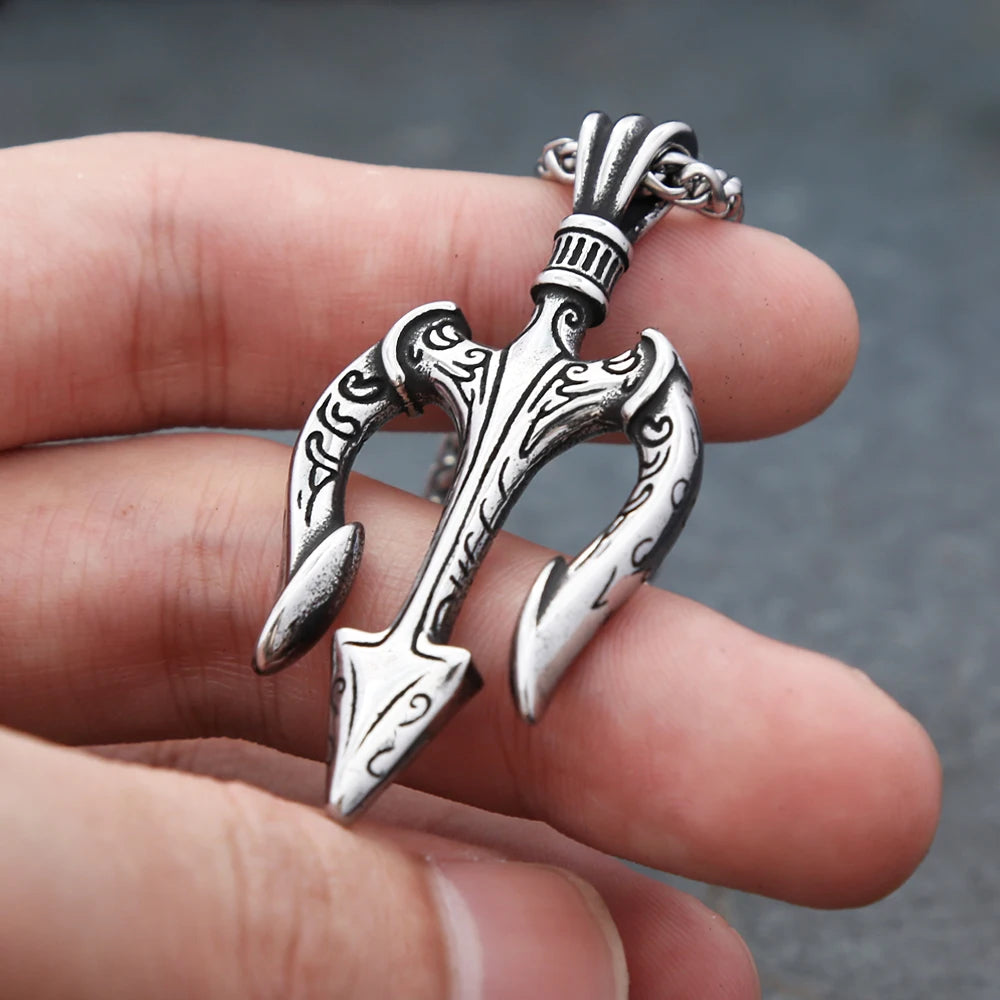 Collar vintage con colgante de tridente de Poseidón de acero inoxidable para hombre, collar con tridente griego de moda, amuleto, joyería, regalo al por mayor