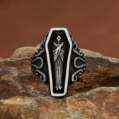 Anillo de calavera de vampiro único retro para hombre, gótico, de acero inoxidable, creativo, ataúd, amuleto de motocicleta, joyería, regalo al por mayor
