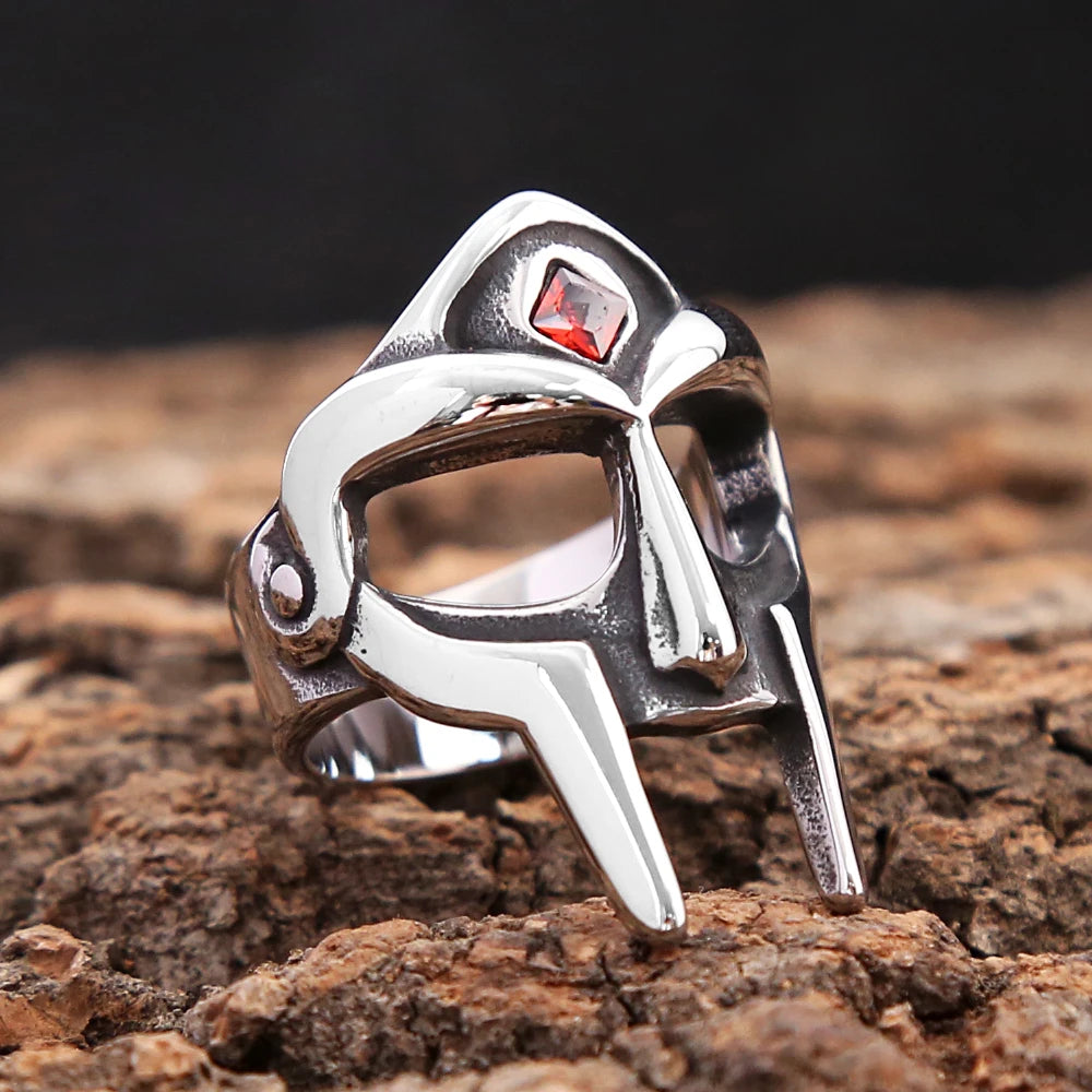 Warrior Mask Ring (316L) – Red Stone