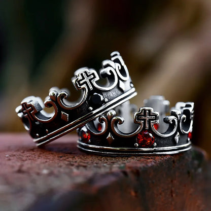 Anillo vintage creativo de acero inoxidable 316L con corona cruzada y piedras rojas para hombre y mujer, joyería cristiana sencilla para fiestas y moda.