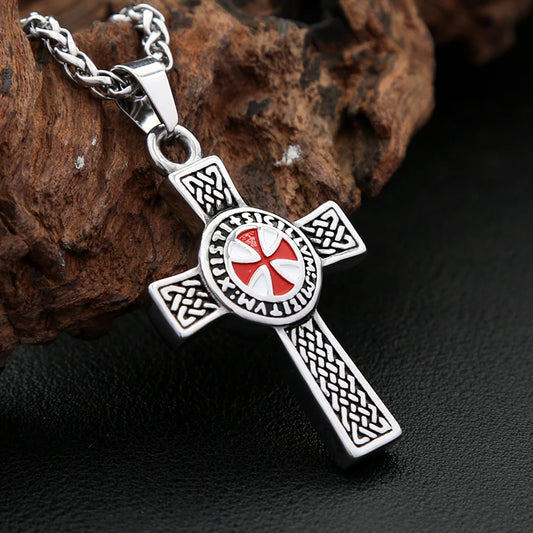 Templar Cross Shield Pendant Vintage Red Emblem (316L)