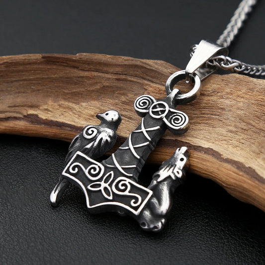 Viking Thor's Hammer Wolf & Raven Necklace (316L)