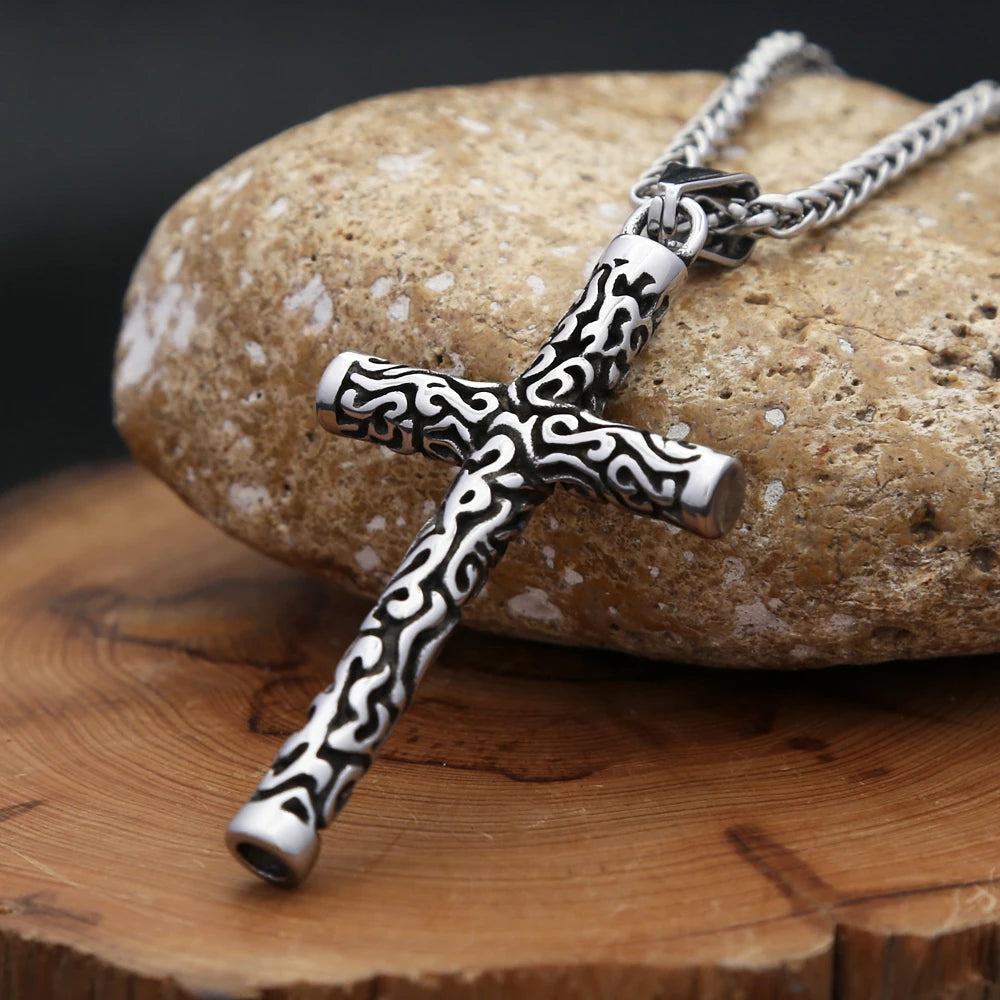 Engraved Cross Pendant Necklace (316L)