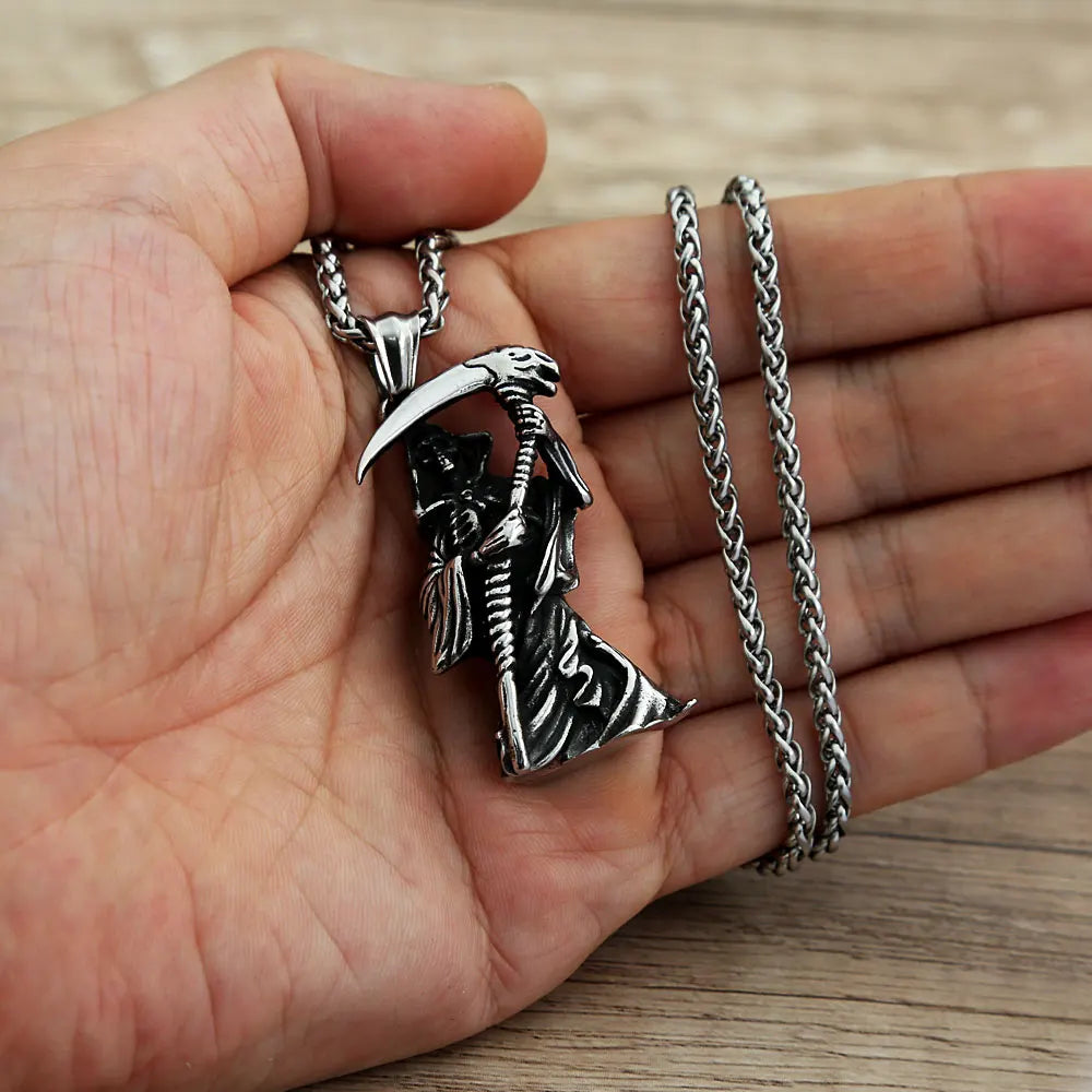 Grim Reaper Scythe Skull Pendant Necklace (316L)