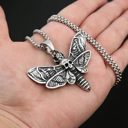 Collar vintage de acero inoxidable con colgante de calavera y polilla, estilo punk, estilo motero, con calavera y mariposa, para hombre, joyería de fiesta, regalo.