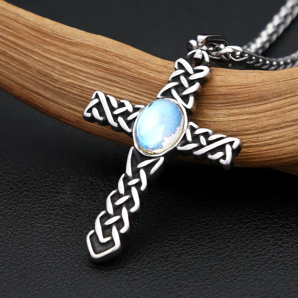 Knot Cross Pendant (316L) – Blue Stone