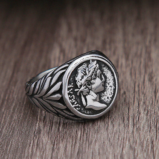 Vintage Roman Caesar Coin Signet Ring (316L)