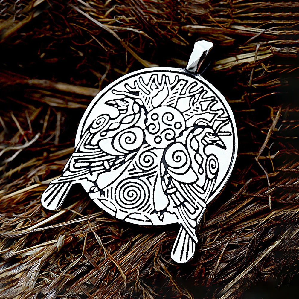 Collar de acero inoxidable con colgante de árbol de la vida nórdico para hombre, estilo vikingo vintage, Odín, doble cuervo, amuleto, joyería al por mayor