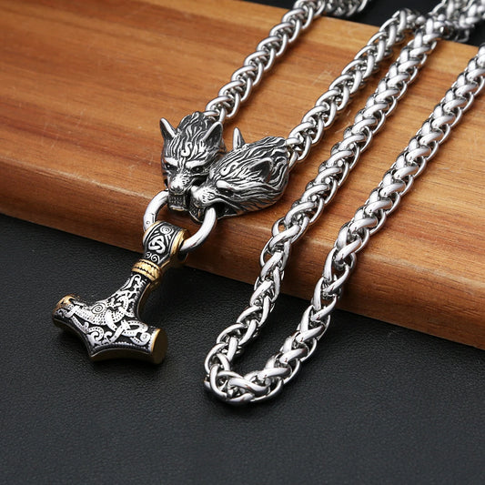Thor's Hammer Wolf Head Pendant Necklace (316L)