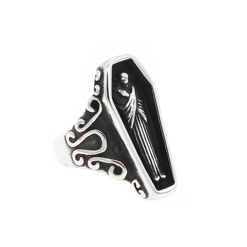 Anillo de calavera de vampiro único retro para hombre, gótico, de acero inoxidable, creativo, ataúd, amuleto de motocicleta, joyería, regalo al por mayor