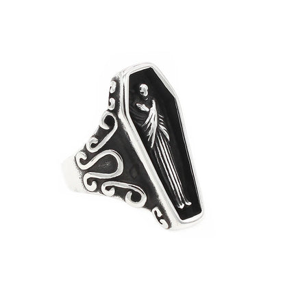 Anillo de calavera de vampiro único retro para hombre, gótico, de acero inoxidable, creativo, ataúd, amuleto de motocicleta, joyería, regalo al por mayor