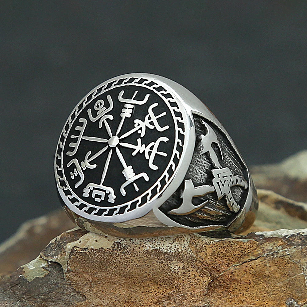 Anillo de brújula vikinga vintage de acero inoxidable para hombres y niños, anillos nórdicos vikingos de doble hacha, amuleto de moda, joyería mitológica, regalos.