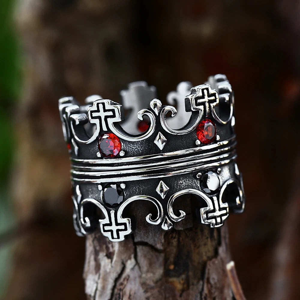 Anillo vintage creativo de acero inoxidable 316L con corona cruzada y piedras rojas para hombre y mujer, joyería cristiana sencilla para fiestas y moda.