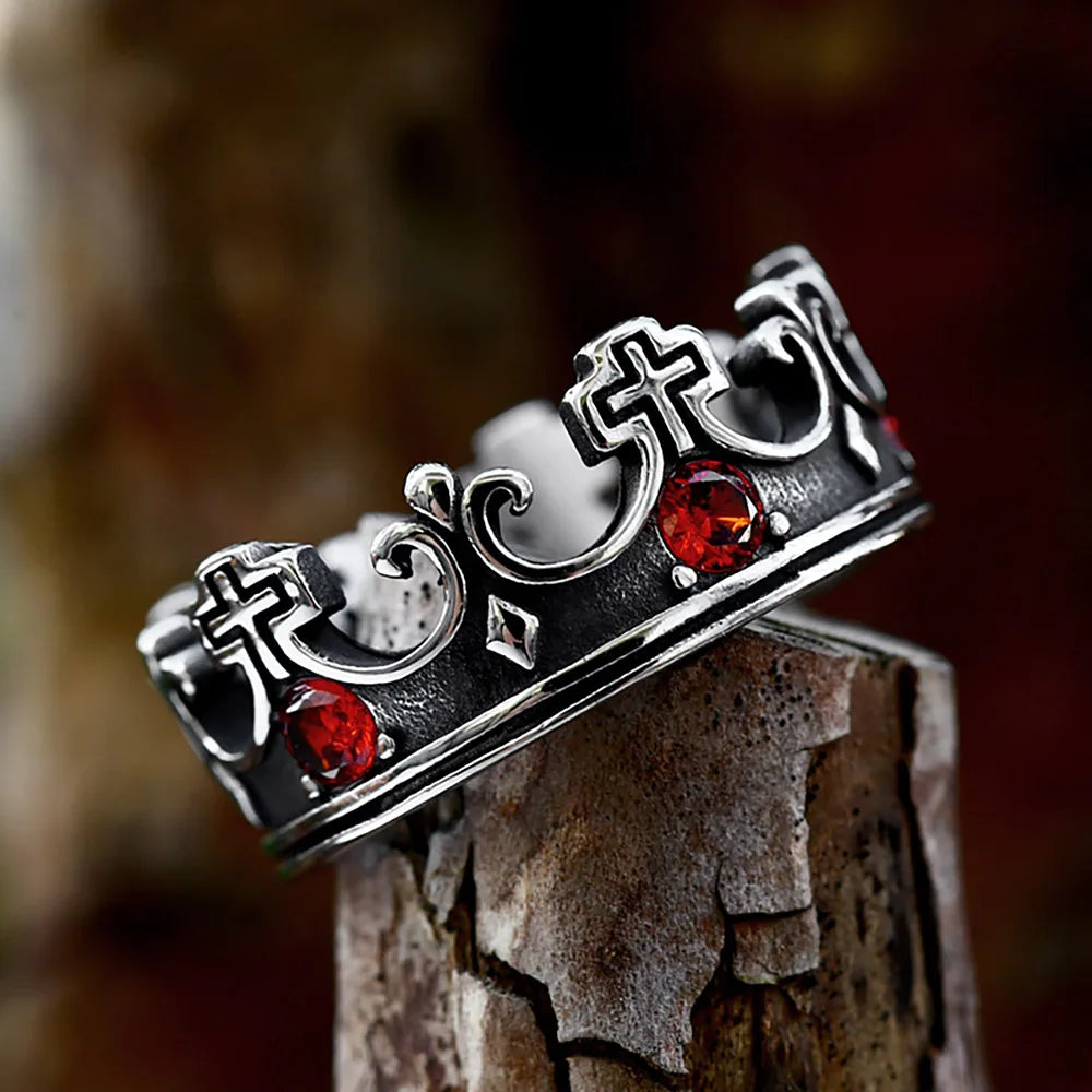 Anillo vintage creativo de acero inoxidable 316L con corona cruzada y piedras rojas para hombre y mujer, joyería cristiana sencilla para fiestas y moda.