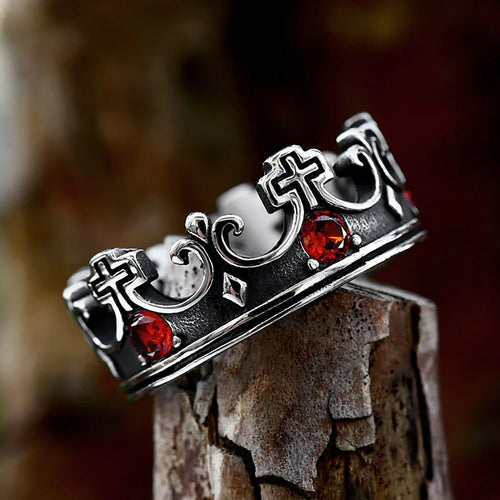 Anillo vintage creativo de acero inoxidable 316L con corona cruzada y piedras rojas para hombre y mujer, joyería cristiana sencilla para fiestas y moda.