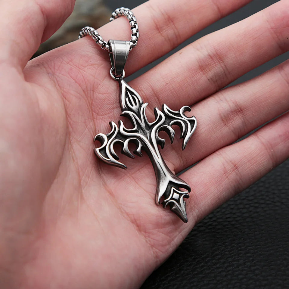 Gothic Flame Cross Pendant Necklace (316L)