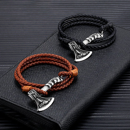 Pulsera de acero inoxidable con hacha vikinga para hombre, amuleto de lobo de cuero, hecha a mano, para hombre y mujer, joyería de moda para motociclistas al aire libre, regalo