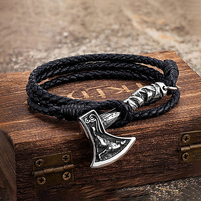 Pulsera de acero inoxidable con hacha vikinga para hombre, amuleto de lobo de cuero, hecha a mano, para hombre y mujer, joyería de moda para motociclistas al aire libre, regalo