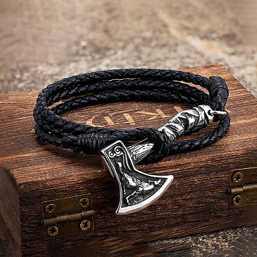 Pulsera de acero inoxidable con hacha vikinga para hombre, amuleto de lobo de cuero, hecha a mano, para hombre y mujer, joyería de moda para motociclistas al aire libre, regalo