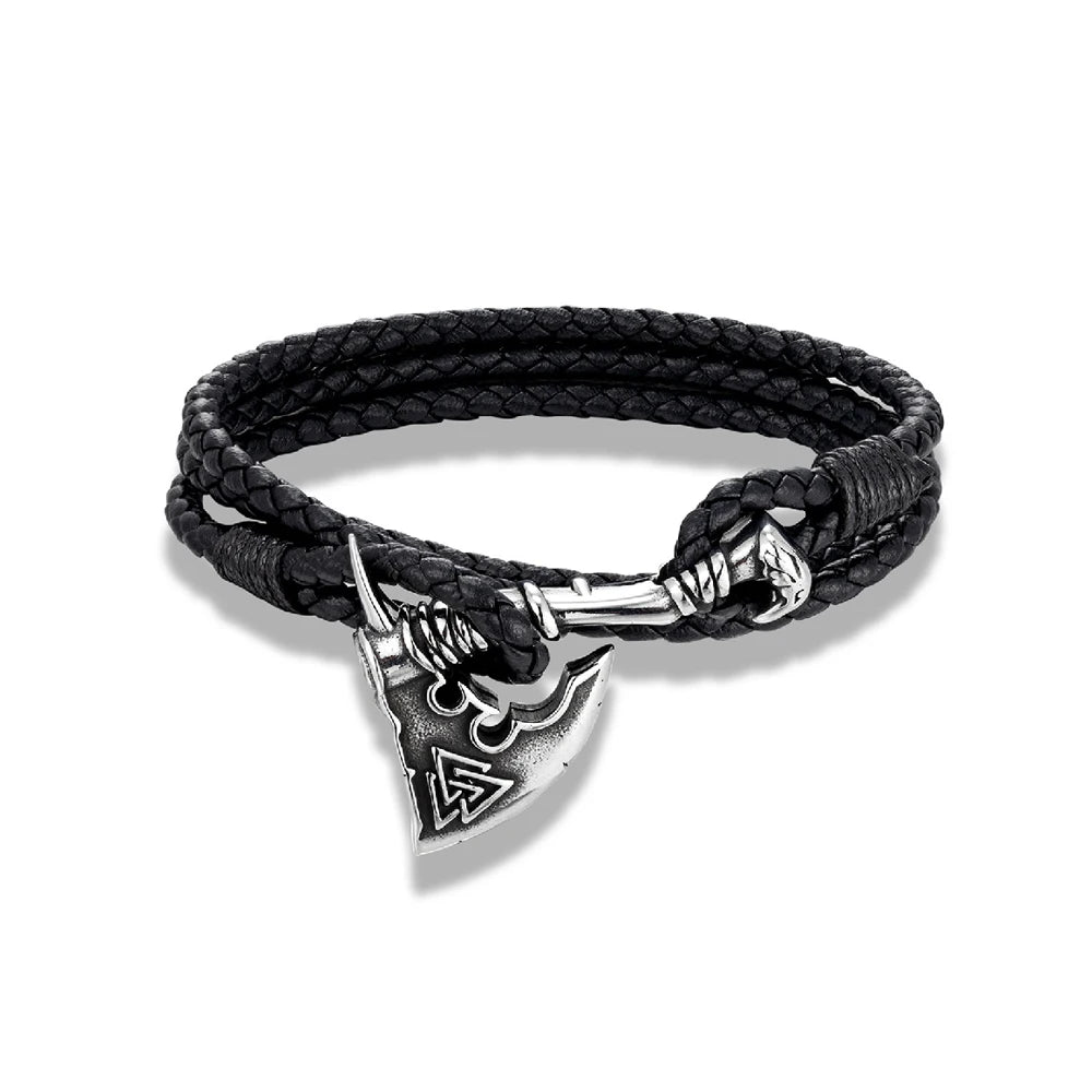Pulsera de acero inoxidable con hacha vikinga para hombre, amuleto de lobo de cuero, hecha a mano, para hombre y mujer, joyería de moda para motociclistas al aire libre, regalo