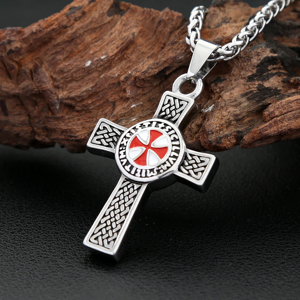 Templar Cross Shield Pendant Vintage Red Emblem (316L)