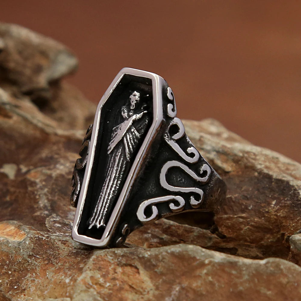 Anillo de calavera de vampiro único retro para hombre, gótico, de acero inoxidable, creativo, ataúd, amuleto de motocicleta, joyería, regalo al por mayor