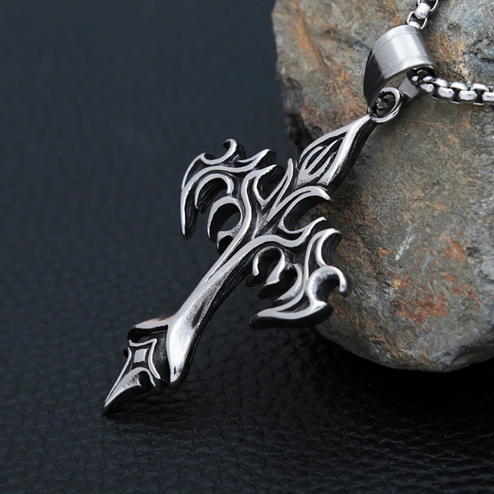 Gothic Flame Cross Pendant Necklace (316L)