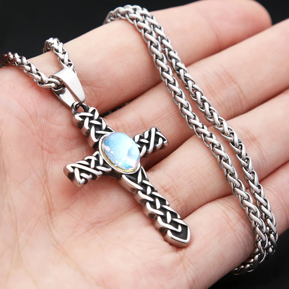 Knot Cross Pendant (316L) – Blue Stone