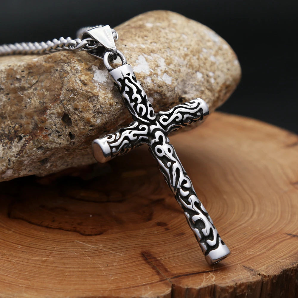 Engraved Cross Pendant Necklace (316L)