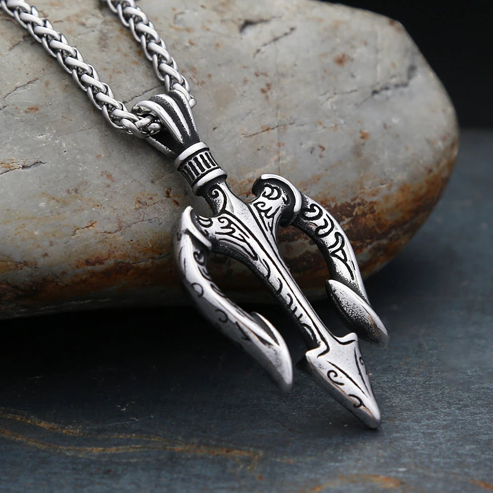 Collar vintage con colgante de tridente de Poseidón de acero inoxidable para hombre, collar con tridente griego de moda, amuleto, joyería, regalo al por mayor