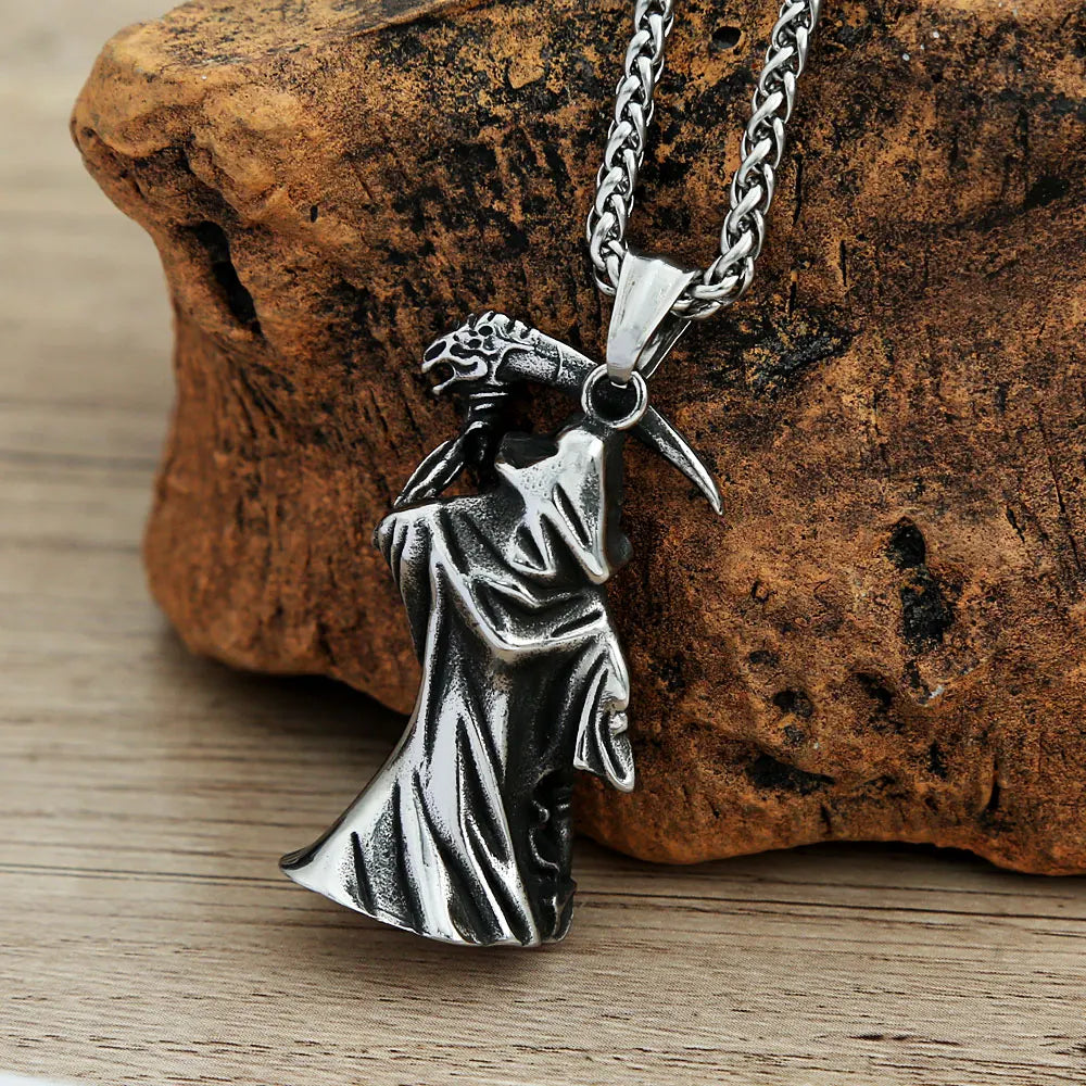 Grim Reaper Scythe Skull Pendant Necklace (316L)