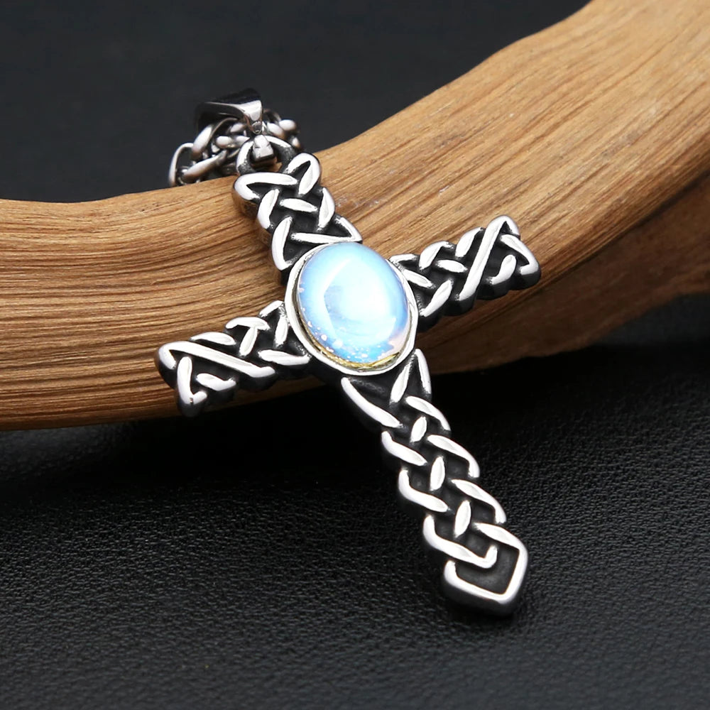 Knot Cross Pendant (316L) – Blue Stone