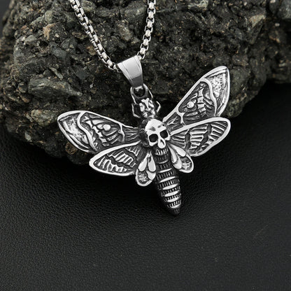 Collar vintage de acero inoxidable con colgante de calavera y polilla, estilo punk, estilo motero, con calavera y mariposa, para hombre, joyería de fiesta, regalo.