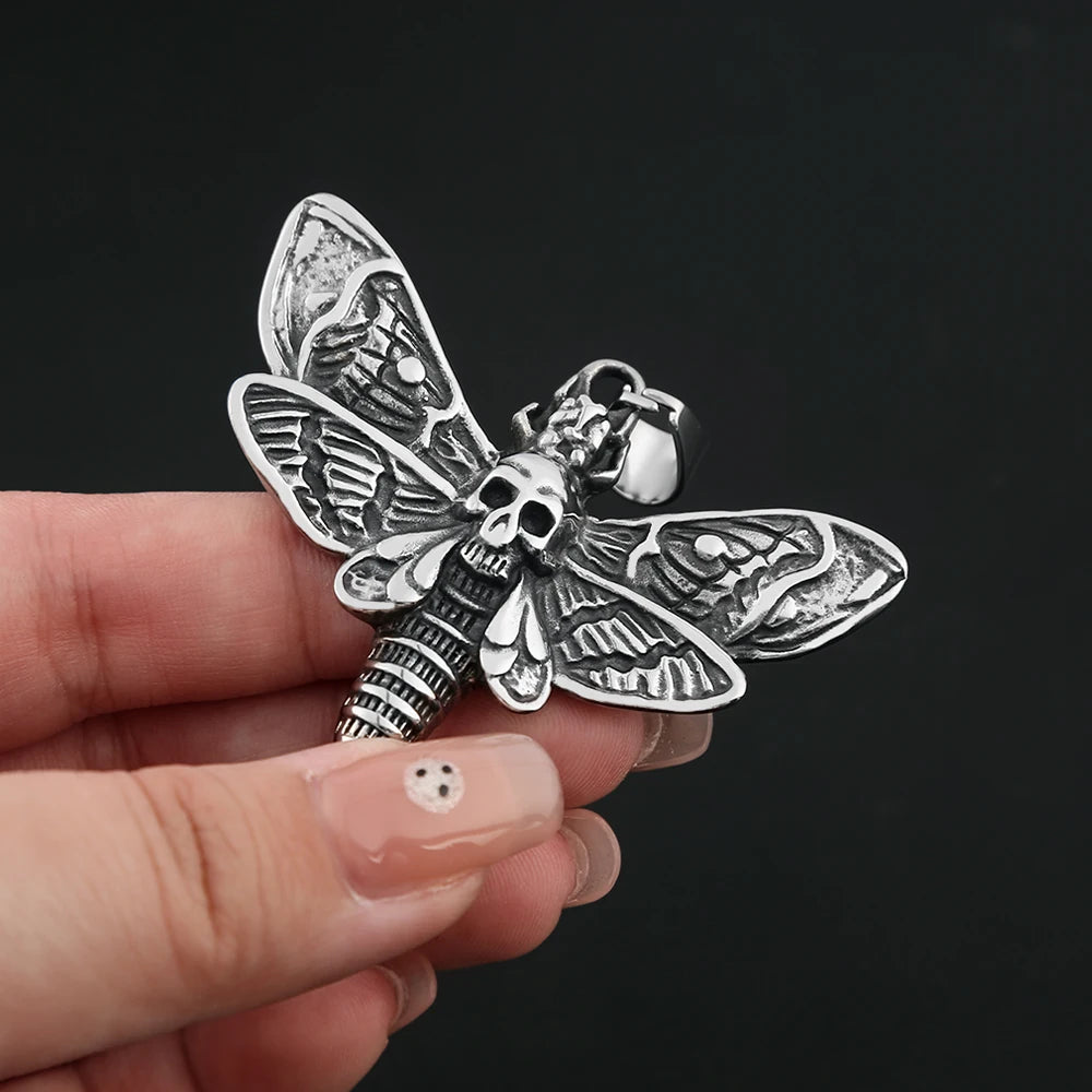 Collar vintage de acero inoxidable con colgante de calavera y polilla, estilo punk, estilo motero, con calavera y mariposa, para hombre, joyería de fiesta, regalo.