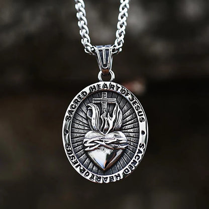 Collar vintage de moda con el Sagrado Corazón de Jesús para hombres y mujeres, colgante de cruz religiosa de acero inoxidable 316L, amuleto de motociclista, joyería