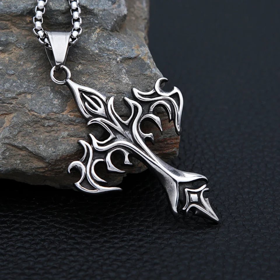 Gothic Flame Cross Pendant Necklace (316L)